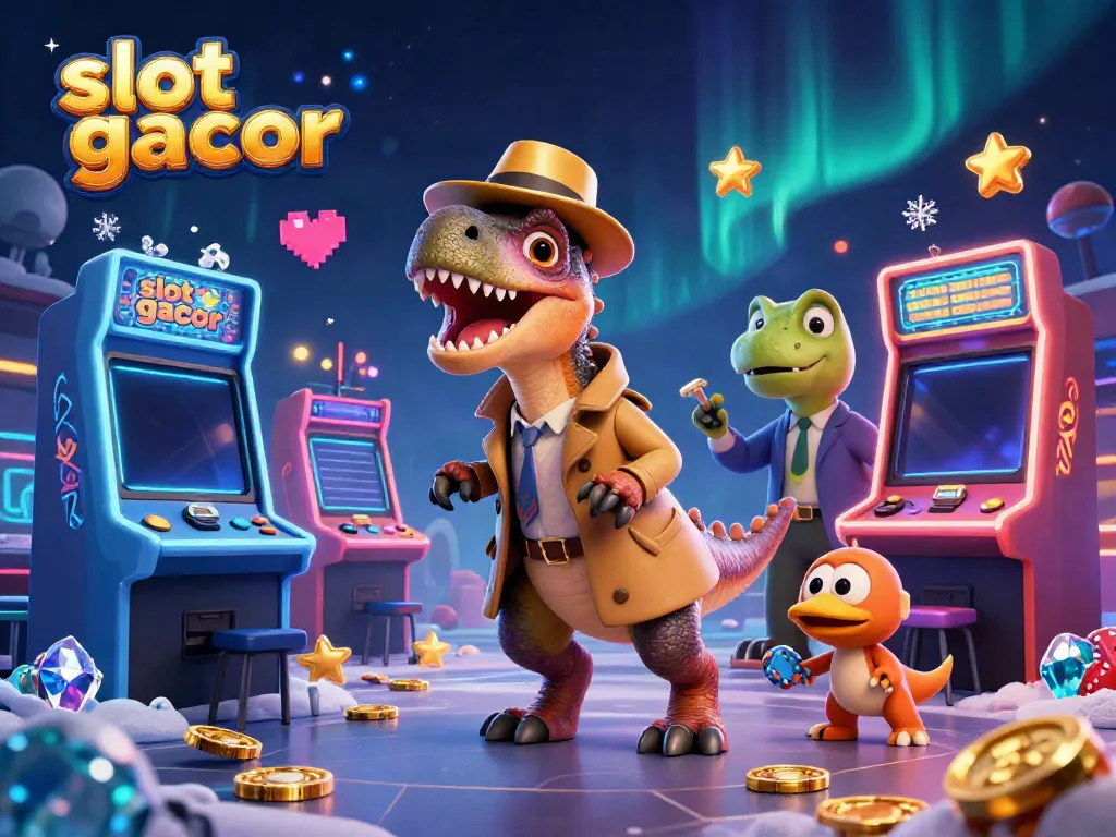 Slot gacor themed illustration with a velociraptor at a slot machine, stealing the show.