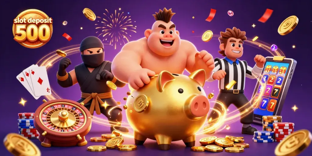Engage in thrilling gameplay with the massive slot deposit 500 golden piggy bank sumo wrestler and winning elements.