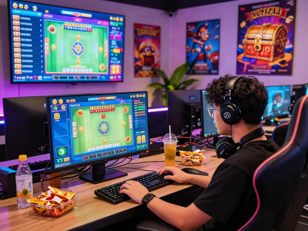 Engaged gamer playing Slot Gacor MAHJONGJP88 in a vibrant online casino setup.