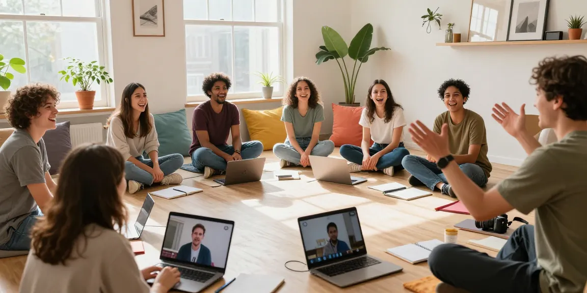 Engaging scene of online improv for beginners with diverse participants laughing and interacting in a cozy home setting.
