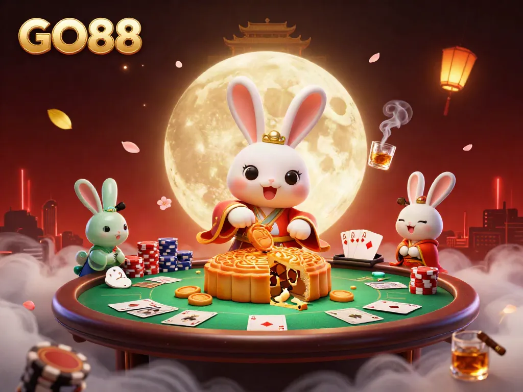 Experience the excitement of GO88 with a lively scene of a moon rabbit amidst poker chips and lunar elements.