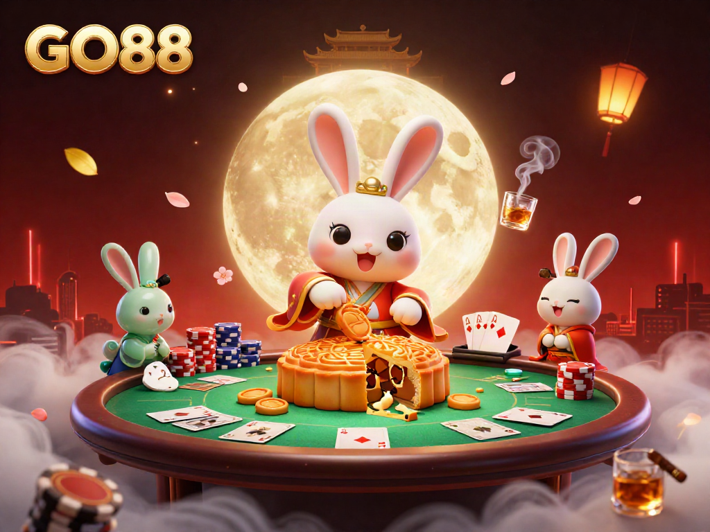 Experience the excitement of GO88 with a lively scene of a moon rabbit amidst poker chips and lunar elements.