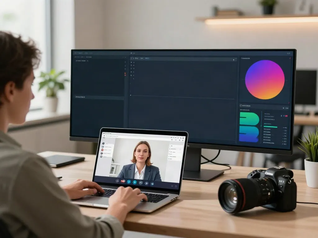 Deepfake protected Online Video Calls in a modern office setup with advanced security features and user-friendly interface.