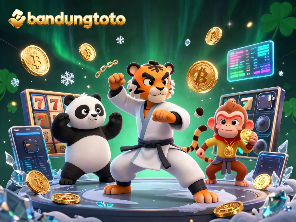 Engage in thrilling gameplay with bandungtoto characters performing stances amidst slot reels and neon crypto coins.
