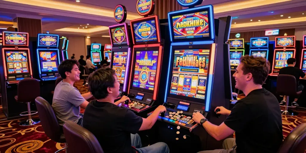Pemain bersenang-senang di mesin slot777 dengan koin jatuh di kasino.