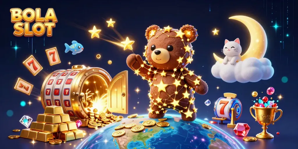 BOLA SLOT showcases a dazzling 3D illustration of a constellation bear scooping coins, ideal for online gamblers.