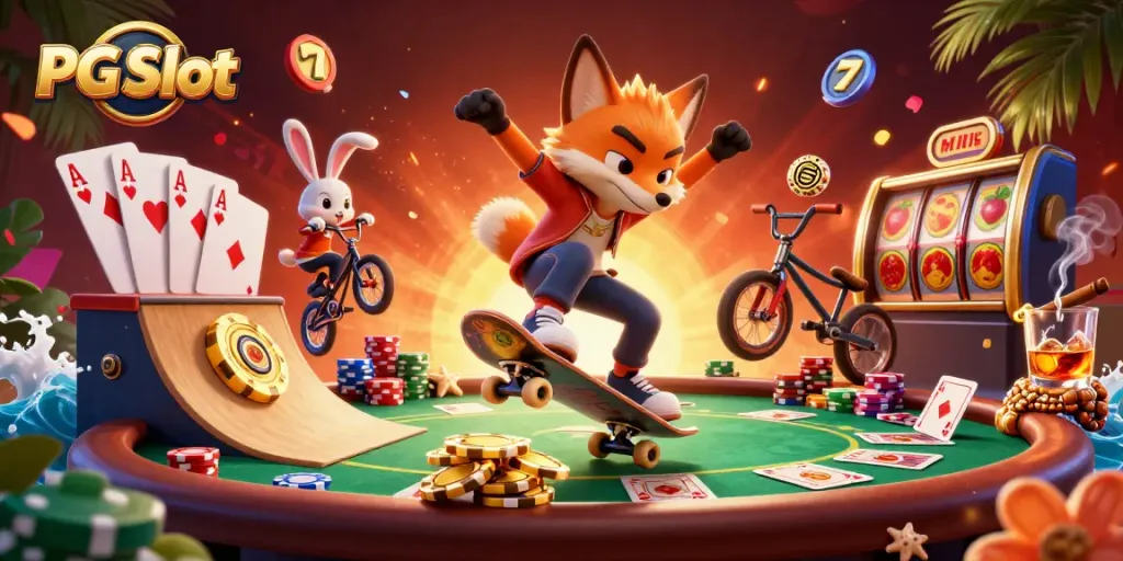 Engage with PG Slot games in an electrifying scene featuring a skateboarder fox and BMX rabbit.