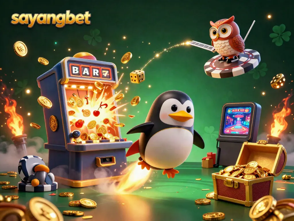 Spin to win with Sayangbet in this vibrant 3D casino adventure featuring golden penguins and exploding jackpots.