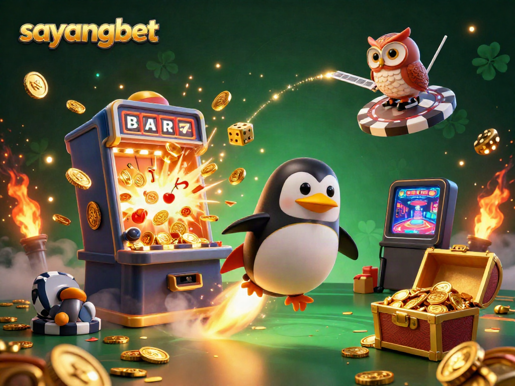 Spin to win with Sayangbet in this vibrant 3D casino adventure featuring golden penguins and exploding jackpots.