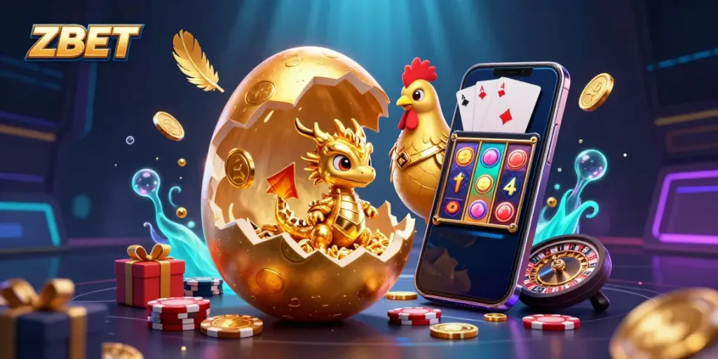 Experience ZBET's vibrant casino world with a golden dragon guarding poker chips amidst vivid gaming elements.