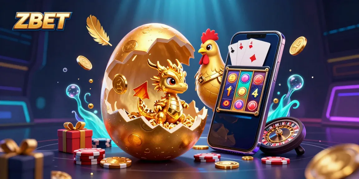 Experience ZBET's vibrant casino world with a golden dragon guarding poker chips amidst vivid gaming elements.