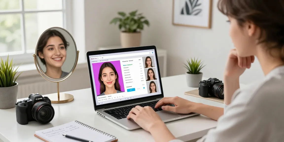 Young person taking an attractive test using AI on their laptop, showing facial analysis and reflection.