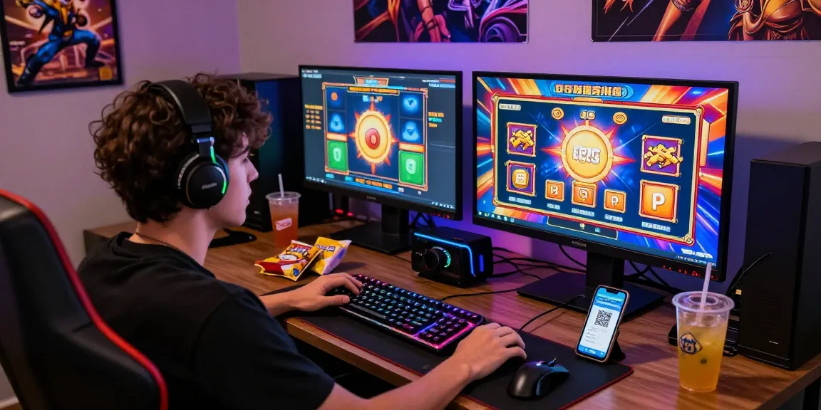 Player enjoying a slot depo 10k game with QRIS payment, featuring vibrant gaming setup and snacks.