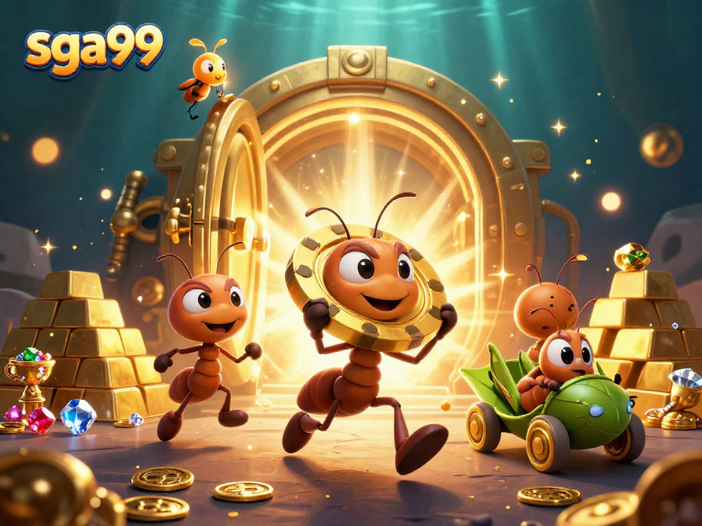 Experience the thrilling heist at sga99 with a team of cartoon ants in a dazzling casino scene.
