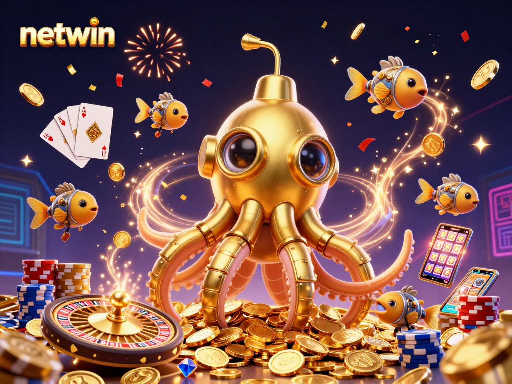 Experience the thrill of winning with netwin's 3D golden kraken amidst dazzling casino elements.