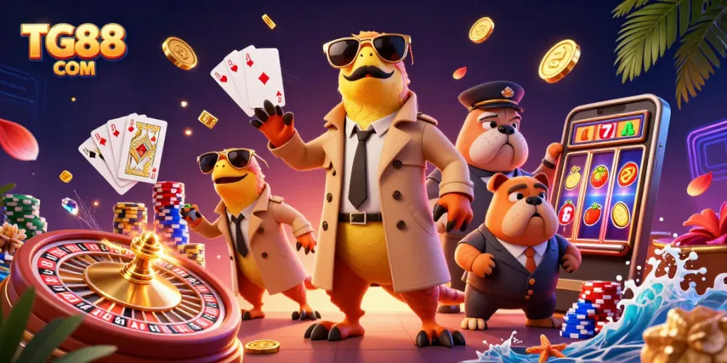Engage with TG88 COM in a vibrant casino scene featuring raptors in disguise and sparkling gaming elements.
