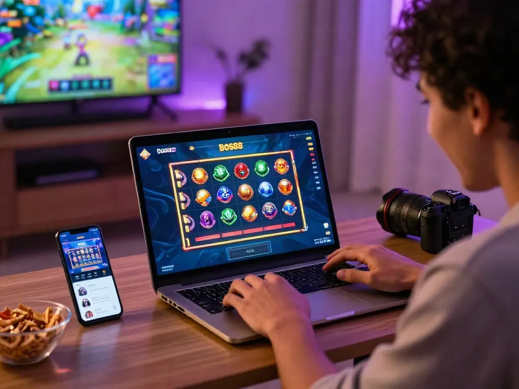 Engaged player enjoying Bos88 online gaming experience with interactive slot game on laptop.