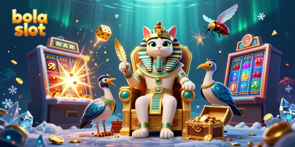 Experience the excitement of bola slot with a vibrant 3D casino illustration featuring dynamic game elements and characters.