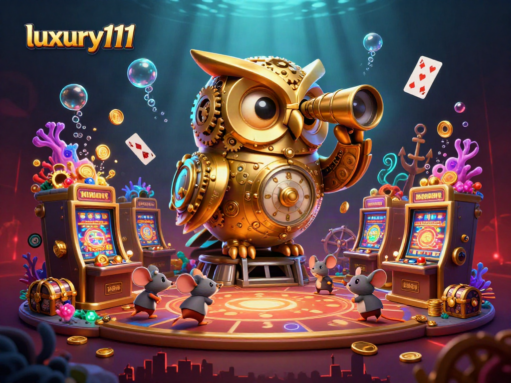 Spin to win with luxury111's vibrant casino scene featuring whimsical characters and golden elements.