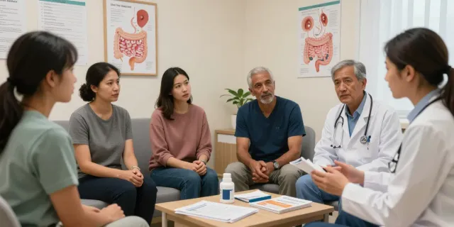 Healthcare professionals discussing IBS symptoms with patients, highlighting the supportive environment for digestive health.