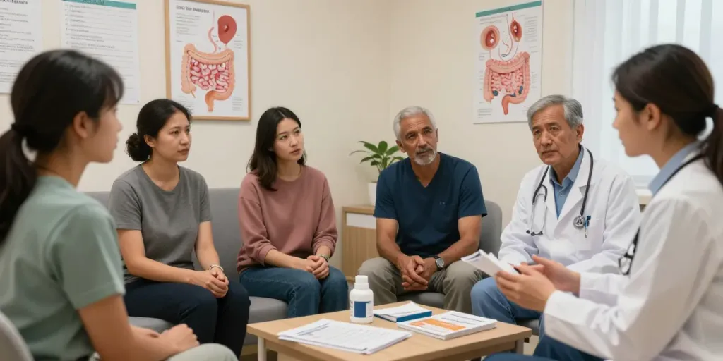 Healthcare professionals discussing IBS symptoms with patients, highlighting the supportive environment for digestive health.